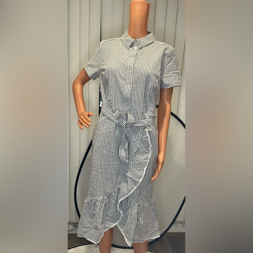 Isaac Mizrahi Navy and White Striped Midi Dress